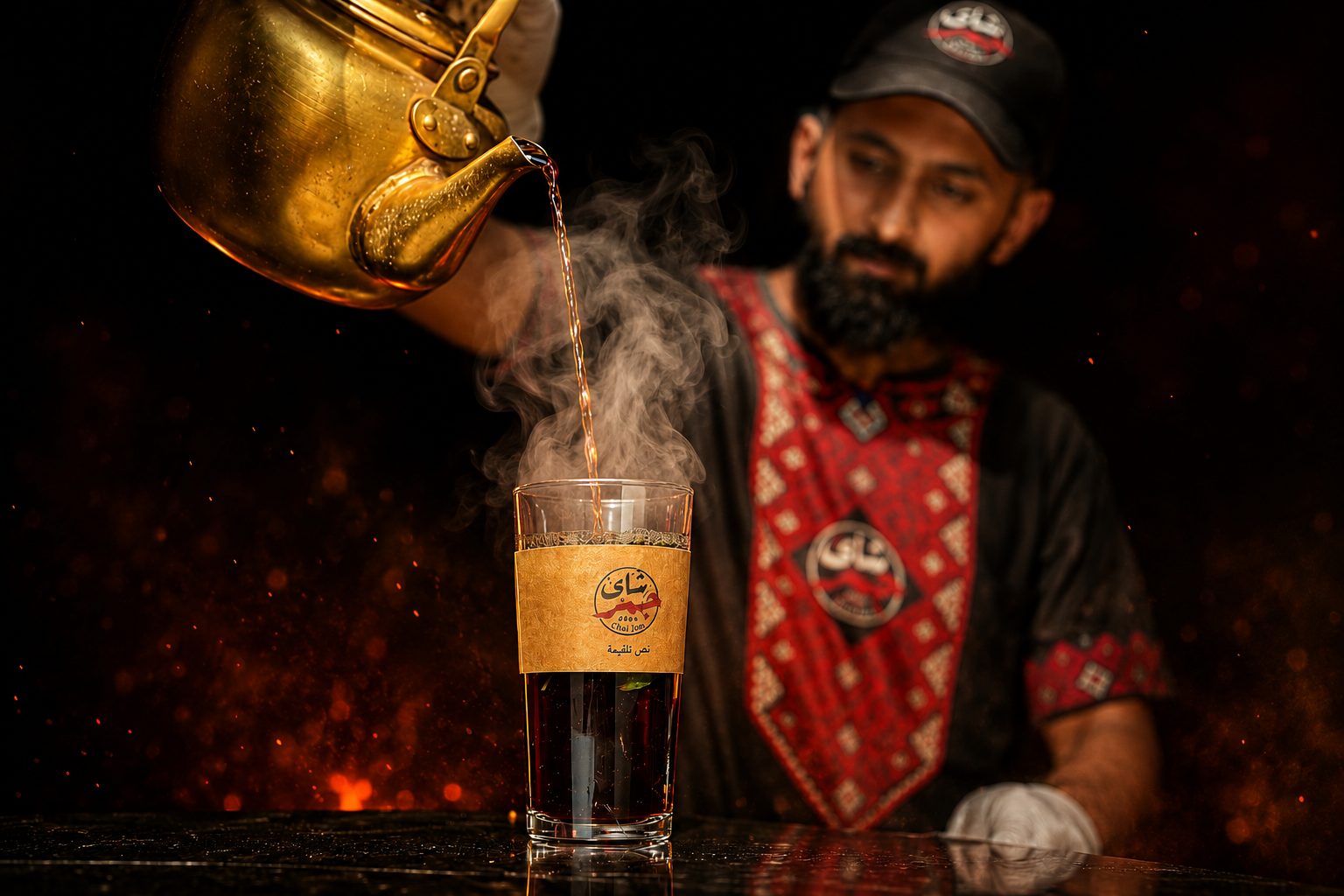 Chai Jmr barista pouring ember-brewed red tea from a brass kettle